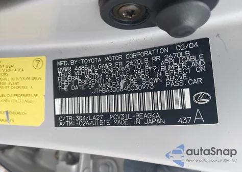 2004 Lexus Es 330 из США, поврежденный, VIN JTHBA30G845030973